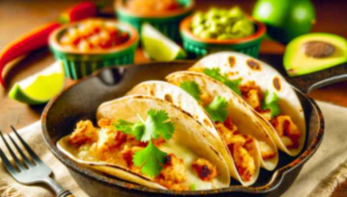 Three grilled chicken tacos topped with cilantro in a cast-iron skillet, surrounded by salsa, guacamole, lime, and avocado.