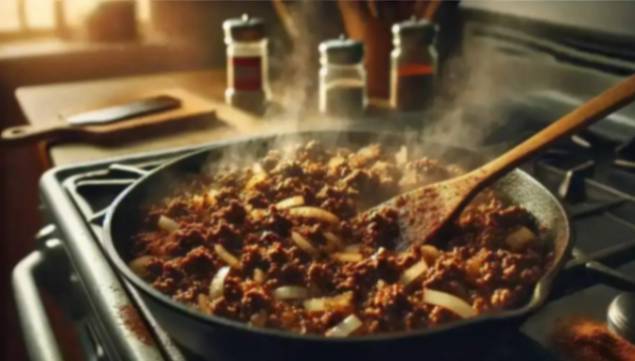 A skillet with steaming ground beef and onions cooking on a stovetop, with spices and utensils in the background.