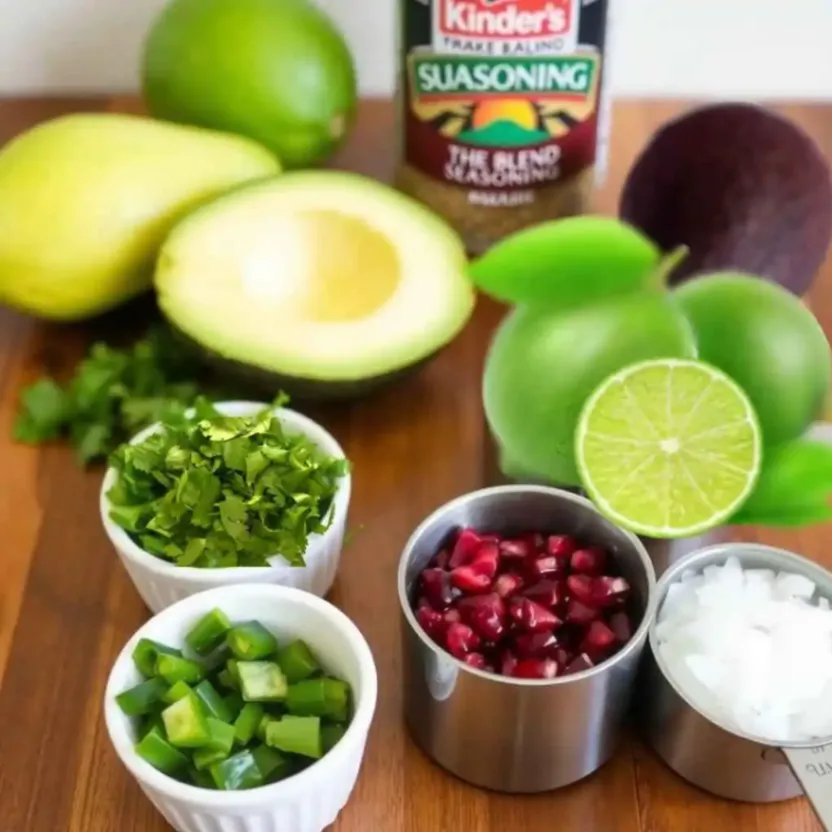 Fresh ingredients for guacamole, including avocados, cilantro, lime, jalapeño, pomegranate seeds, and onions, on a wooden surface.