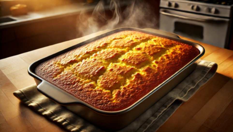 Freshly baked golden-brown cornbread in a steaming square baking pan on a wooden countertop, ready to serve.