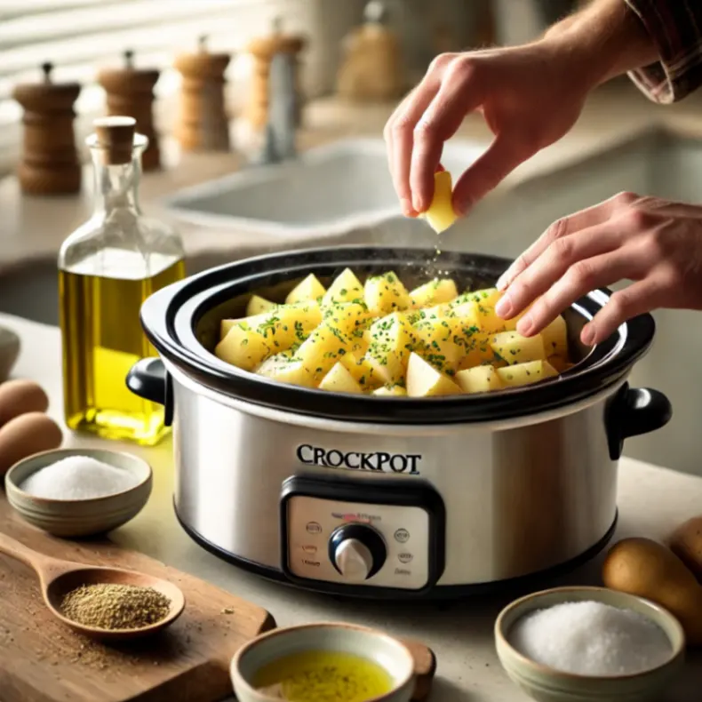 Chopped potatoes being added to a crockpot with olive oil, salt, and pepper on a clean countertop in a cozy, naturally lit kitchen.