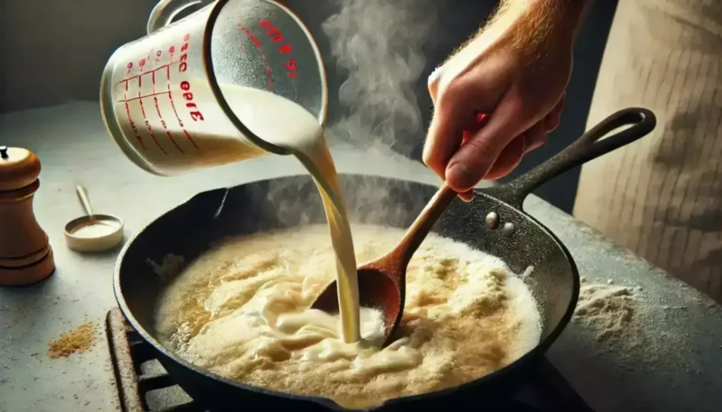 Pouring milk into a hot skillet with flour, stirred with a wooden spoon, creating a creamy sauce.