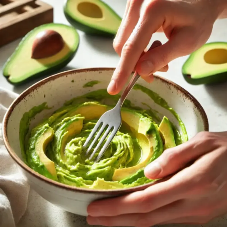 Hands mashing ripe avocados in a ceramic bowl with a fork, surrounded by halved avocados, creating a creamy guacamole texture.