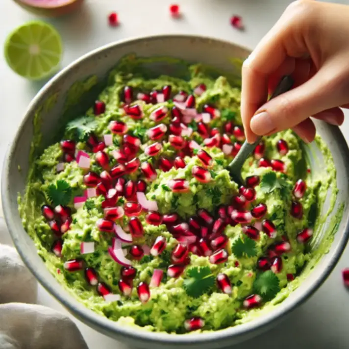 A bowl of pomegranate seed guacamole being mixed with a spoon, garnished with cilantro, red onion, and vibrant pomegranate seeds.