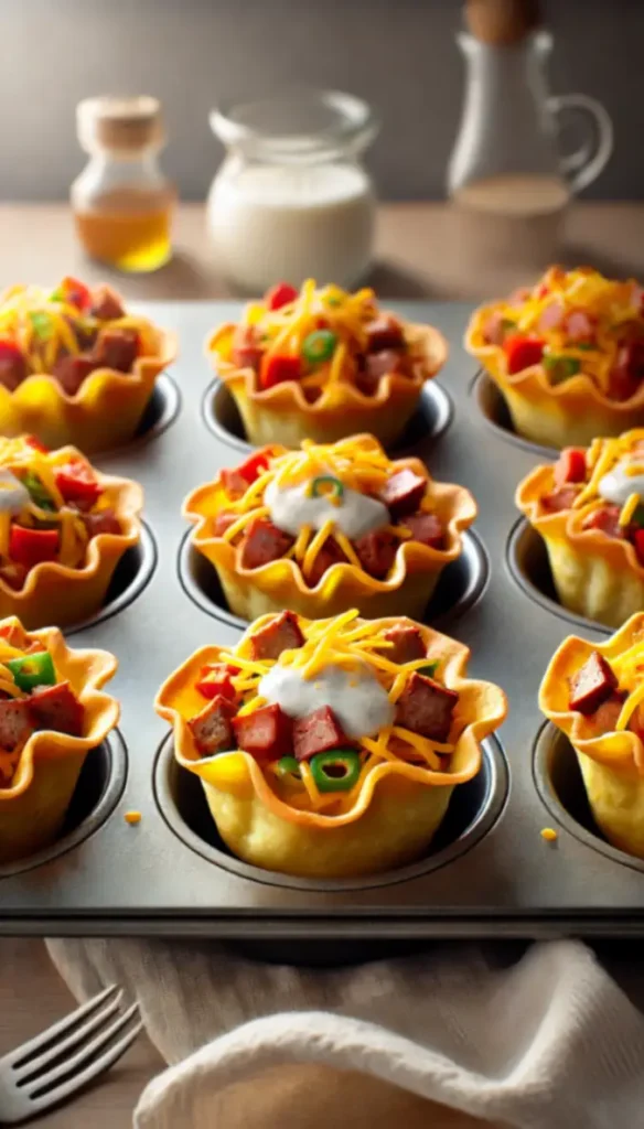 Wonton cups in a deep muffin tray partially filled with sausage, cheese, peppers, and ranch dressing, showcasing a colorful filling.