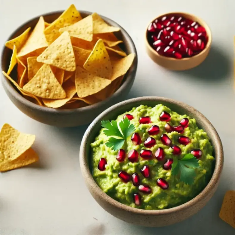 A bowl of pomegranate seed guacamole garnished with cilantro, served with a side of tortilla chips and extra pomegranate seeds.