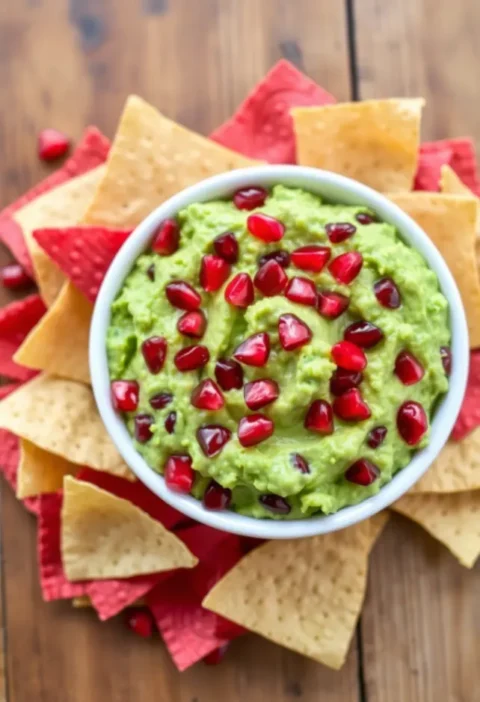 Bowl of pomegranate seed guacamole surrounded by red and yellow tortilla chips on a wooden table, showcasing a vibrant and fresh presentation.