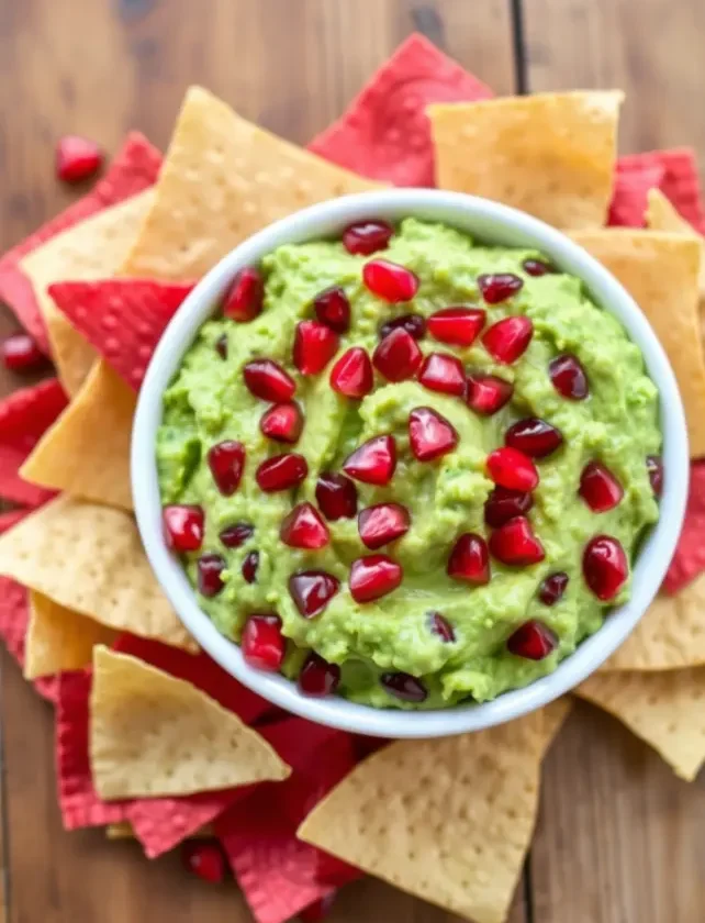 Bowl of pomegranate seed guacamole surrounded by red and yellow tortilla chips on a wooden table, showcasing a vibrant and fresh presentation.