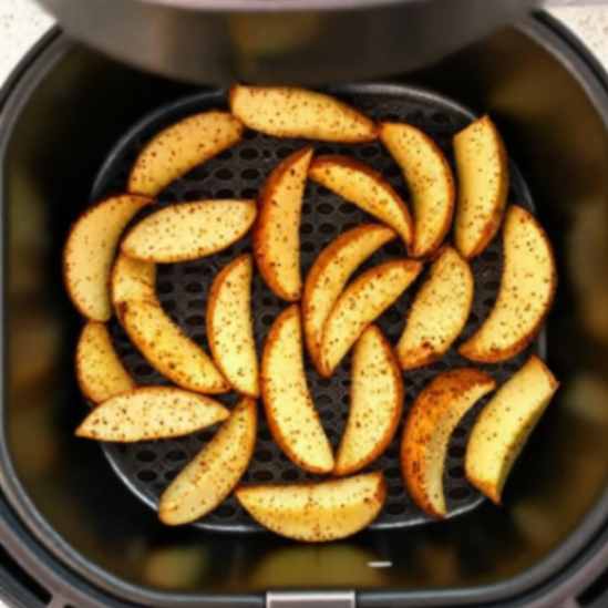 Potato wedges arranged in a single layer inside an air fryer basket, evenly coated with spices and ready to cook.