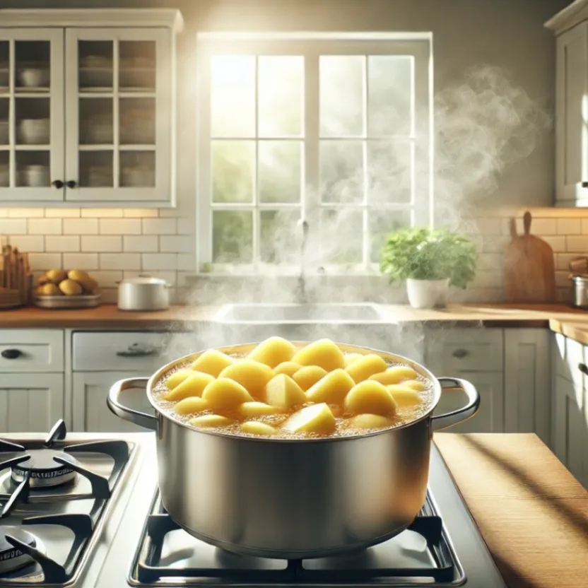 A large pot filled with peeled and cut potatoes boiling on a stovetop. Steam rises in a bright kitchen with natural light and clean counters.