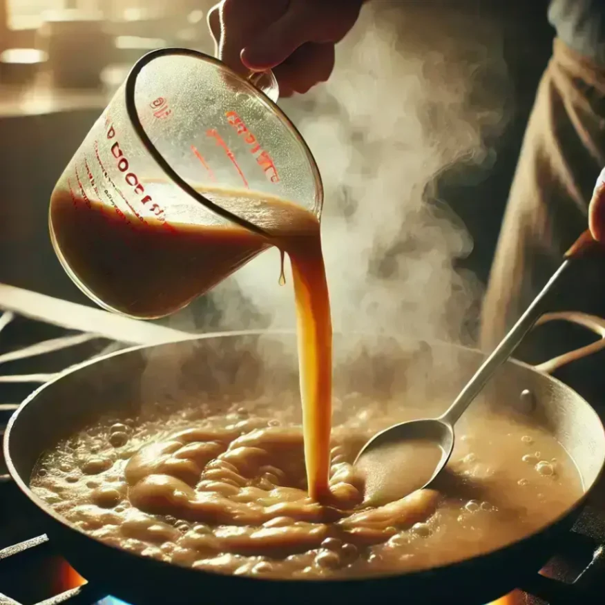 A measuring cup pouring broth into a steaming pan while stirring, creating a flavorful sauce or gravy on a stovetop.