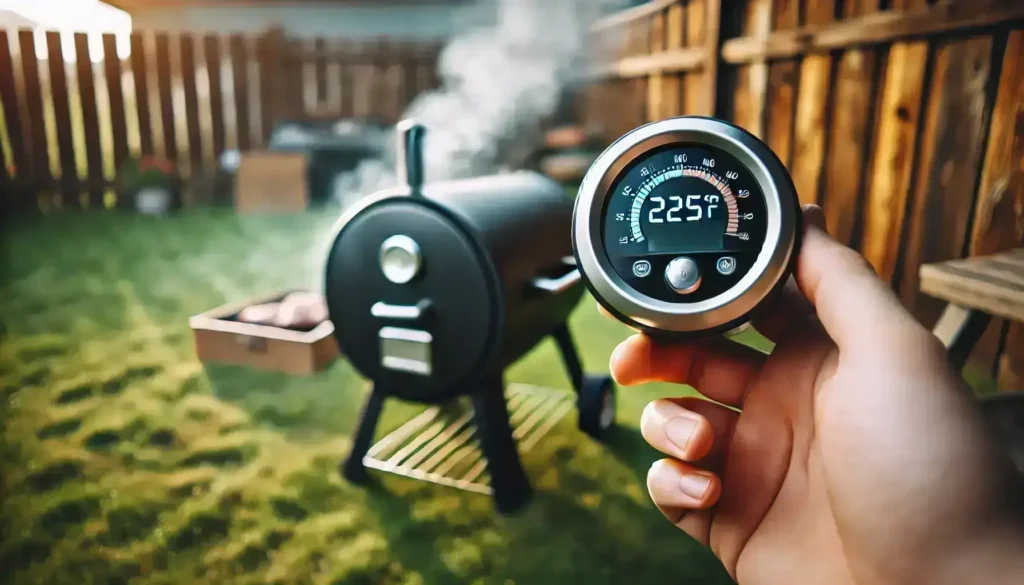 Hand holding a thermometer reading 225°F in front of a backyard smoker grill emitting smoke