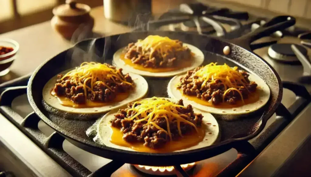 Fresh tortillas topped with seasoned ground beef and melted cheese cooking on a skillet over a stovetop with steam rising.