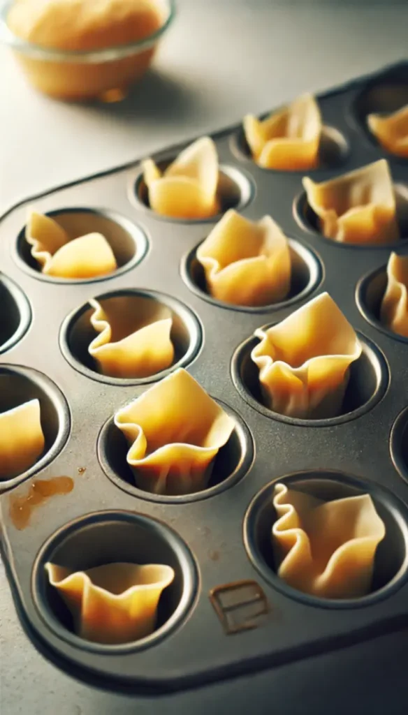 Wonton wrappers pressed into a muffin tin, lightly oiled, ready for baking on a clean countertop with soft focus in the background.