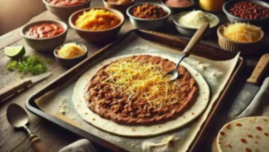 A tortilla topped with refried beans, beef and shredded cheese sits on a baking tray, surrounded by various bowls of ingredients.