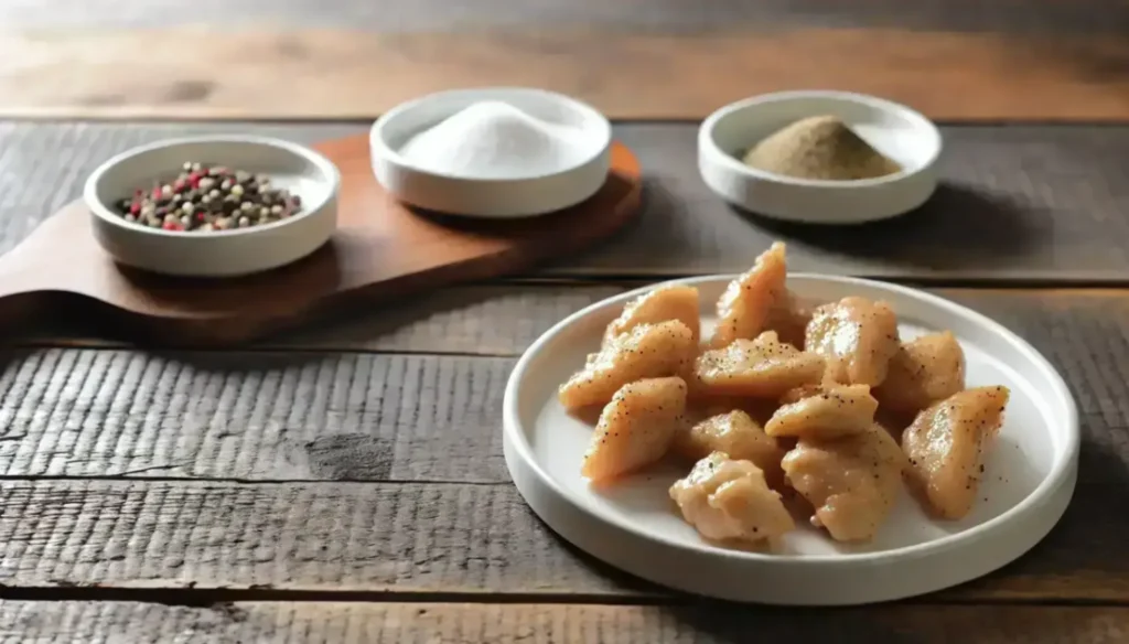 Seasoned raw chicken pieces on a plate with bowls of salt, pepper, and mixed spices on a rustic wooden surface.