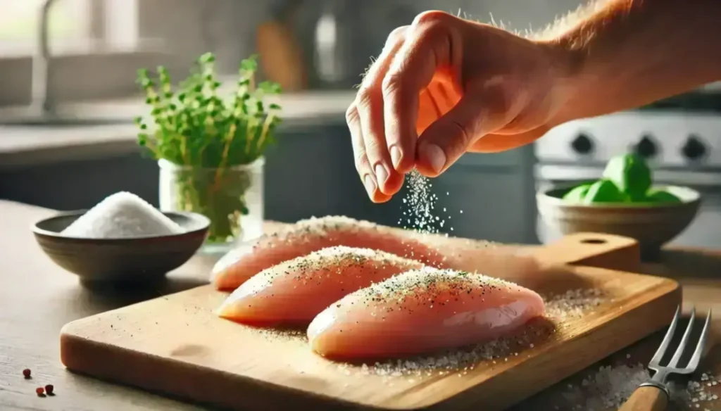 Hand sprinkling salt on raw chicken breasts placed on a wooden cutting board in a bright kitchen setting.