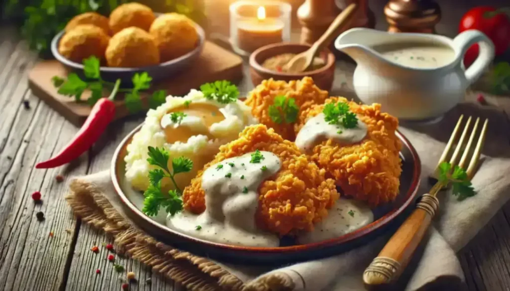 Delicious country fried chicken with creamy gravy, mashed potatoes, and herbs served on a rustic wooden table with warm lighting.