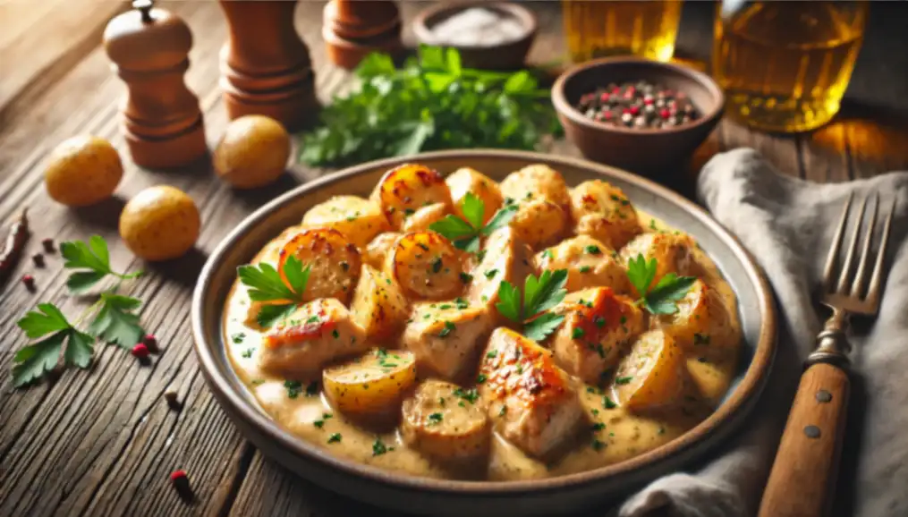 A plated dish of Crockpot Garlic Parmesan Chicken and Potatoes garnished with parsley, served on a rustic wooden table.