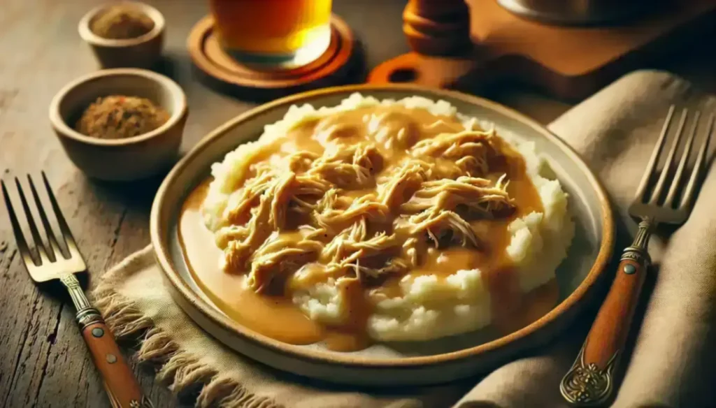 Plate of shredded chicken with gravy over mashed potatoes, served with spices and a drink on a rustic wooden table.