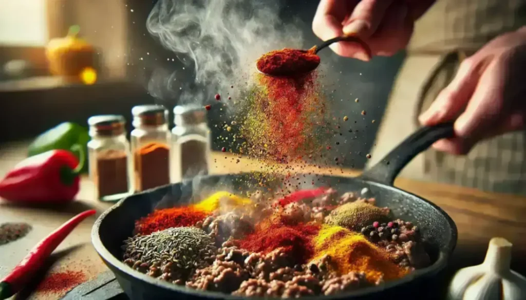 Spices being sprinkled into a skillet with cooking ground beef, surrounded by fresh chili and seasoning jars in a rustic kitchen."