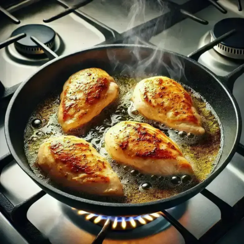 Four seasoned chicken breasts sizzling in a pan on a stovetop, with golden-brown seared crust and steam rising.