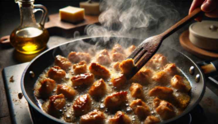 Golden-brown chicken pieces sizzling in a frying pan with steam rising, stirred with a wooden spatula over a stovetop.