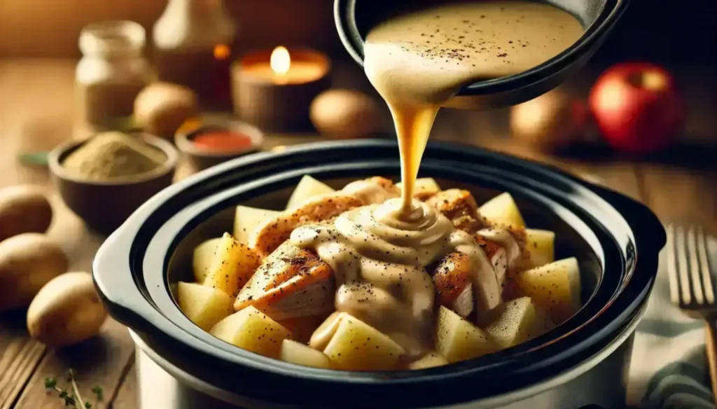 Creamy gravy being poured over chicken and potatoes in a slow cooker, surrounded by rustic kitchen ingredients.