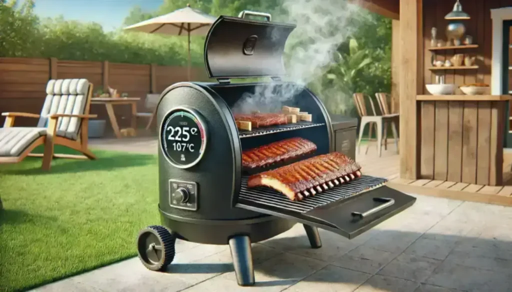 Outdoor smoker grill cooking racks of ribs at 225°F in a backyard patio setting