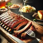 Smoked baby back ribs glazed with barbecue sauce, served on a wooden board with sides of coleslaw, cornbread, and dipping sauces.