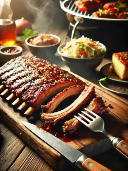 Smoked baby back ribs glazed with barbecue sauce, served on a wooden board with sides of coleslaw, cornbread, and dipping sauces.