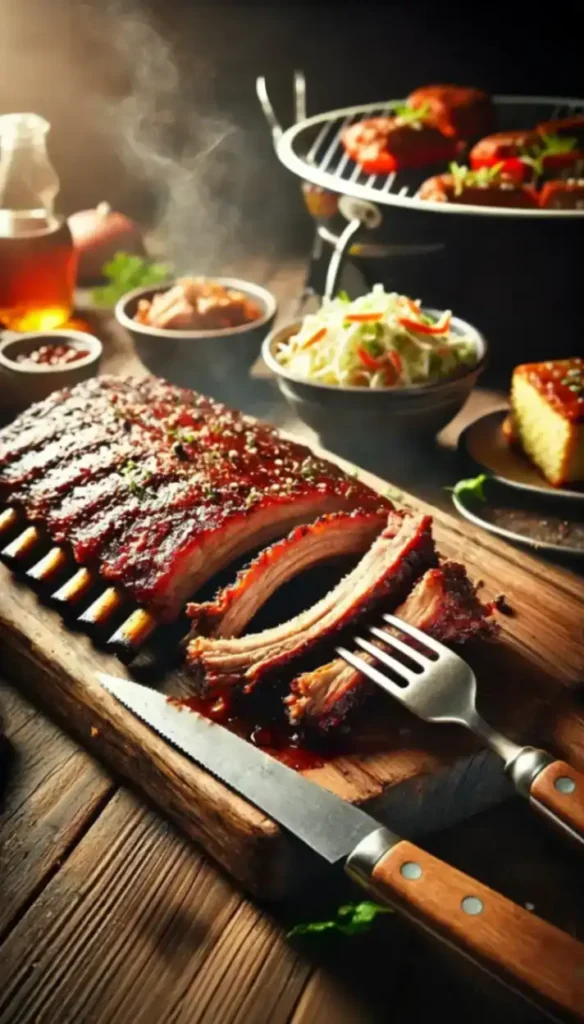 Smoked baby back ribs glazed with barbecue sauce, served on a wooden board with sides of coleslaw, cornbread, and dipping sauces.