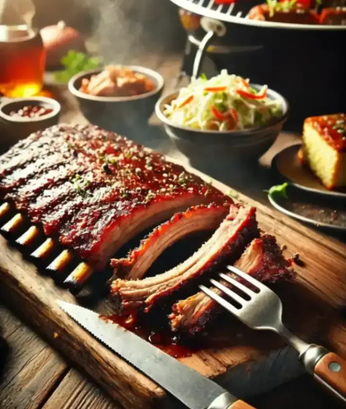 Smoked baby back ribs glazed with barbecue sauce, served on a wooden board with sides of coleslaw, cornbread, and dipping sauces.