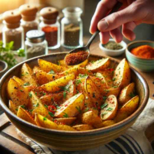 Hand sprinkling spices over potato wedges in a bowl, surrounded by spice jars, herbs, and a cozy kitchen setup.