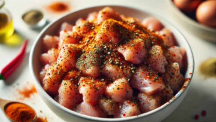 Bowl of raw chicken pieces generously seasoned with colorful spices and herbs, ready for cooking, surrounded by ingredients.