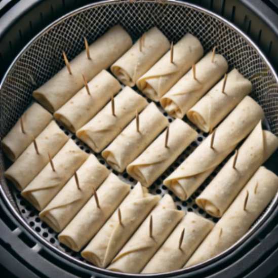 Eight uncooked taquitos held with toothpicks are neatly arranged in an air fryer basket, ready for cooking.