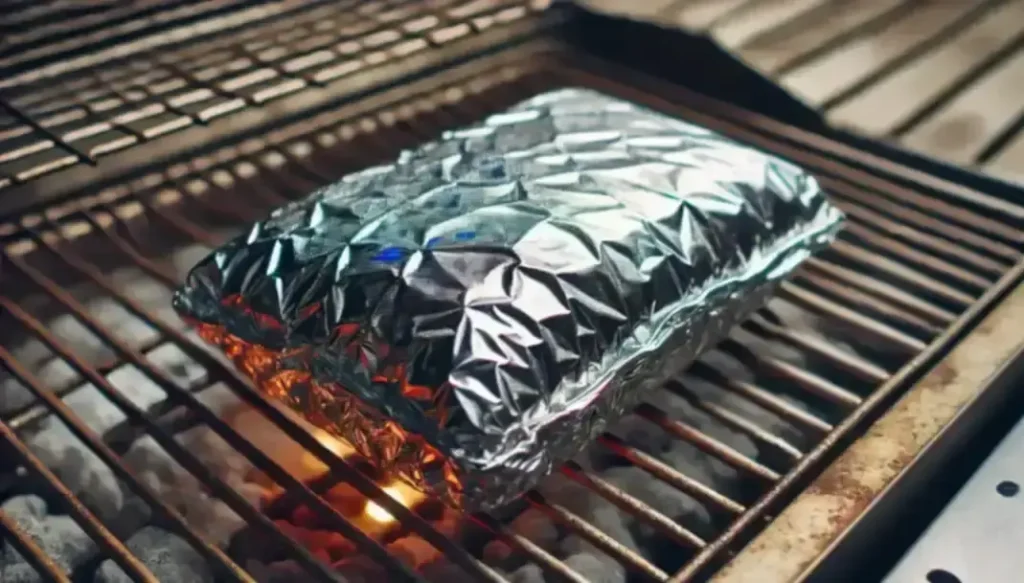 A foil-wrapped package grilling on a barbecue over glowing coals, with flames visible underneath.