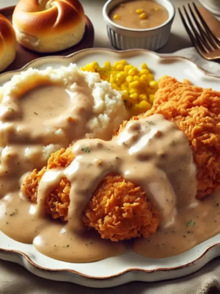 Country Fried Chicken covered in creamy gravy served over mashed potatoes with corn seeds and rolls.