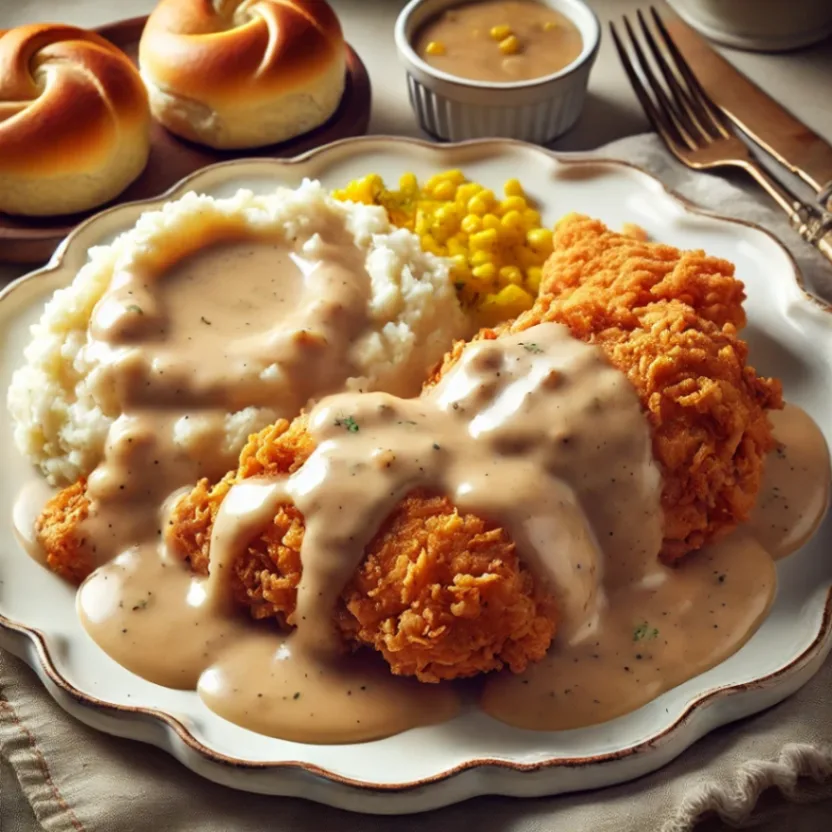 Country Fried Chicken covered in creamy gravy served over mashed potatoes with corn seeds and rolls.