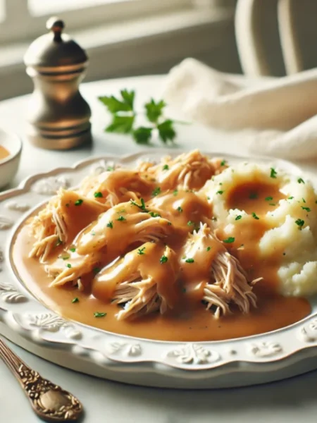 Shredded chicken and creamy gravy served over mashed potatoes with parsley garnish on a white plate.