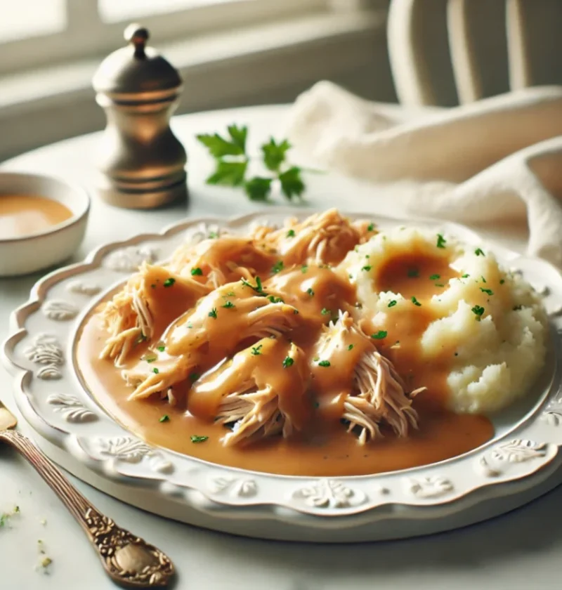 Shredded chicken and creamy gravy served over mashed potatoes with parsley garnish on a white plate.