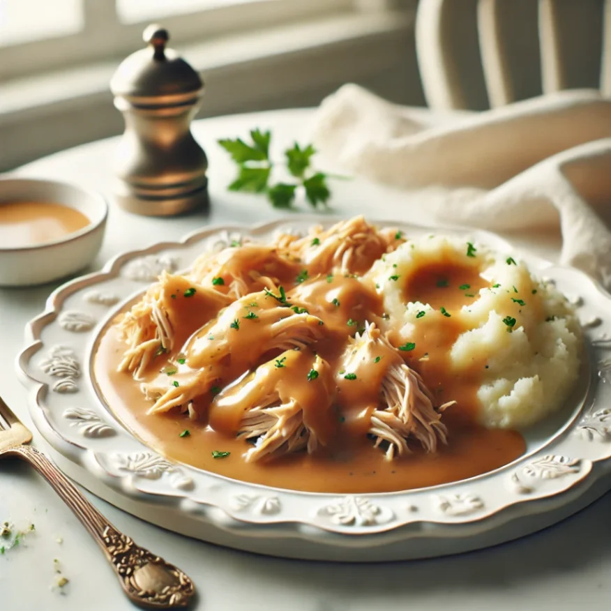 Shredded chicken and creamy gravy served over mashed potatoes with parsley garnish on a white plate.