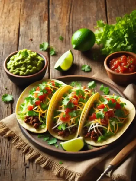 Delicious beef tacos recipe with seasoned ground beef, lettuce, cheese, and tomatoes in soft tortillas.