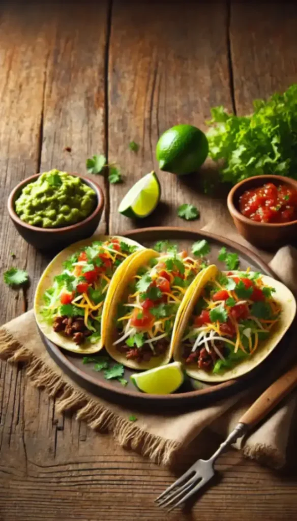 Delicious beef tacos recipe with seasoned ground beef, lettuce, cheese, and tomatoes in soft tortillas.