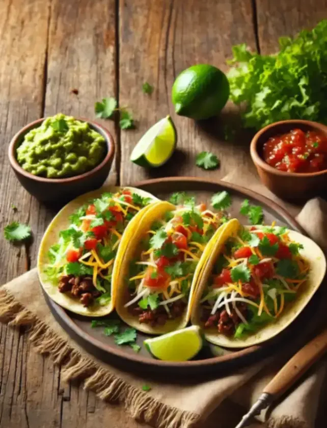 Delicious beef tacos recipe with seasoned ground beef, lettuce, cheese, and tomatoes in soft tortillas.