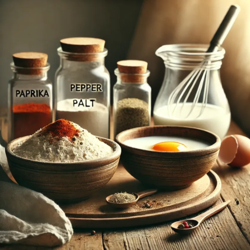 Two shallow bowls on a wooden countertop, one with a spiced flour mixture and the other with a whisked milk and egg mixture.