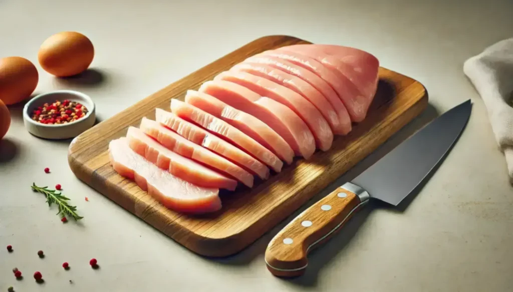 Sliced raw chicken breast on a wooden cutting board with a chef’s knife, surrounded by eggs, spices, and rosemary sprigs.