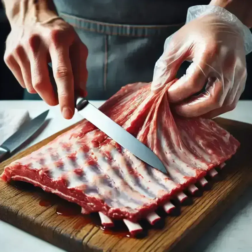 Person removing the membrane from raw baby back ribs on a wooden cutting board with a sharp knife.