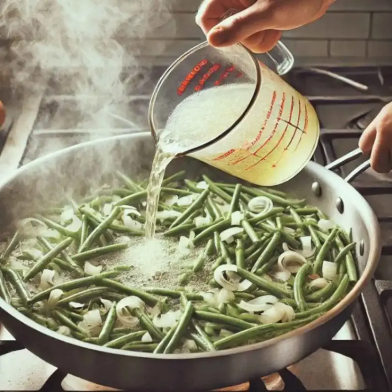 A measuring cup pouring broth into a skillet of green beans and onions, steaming on a stovetop.