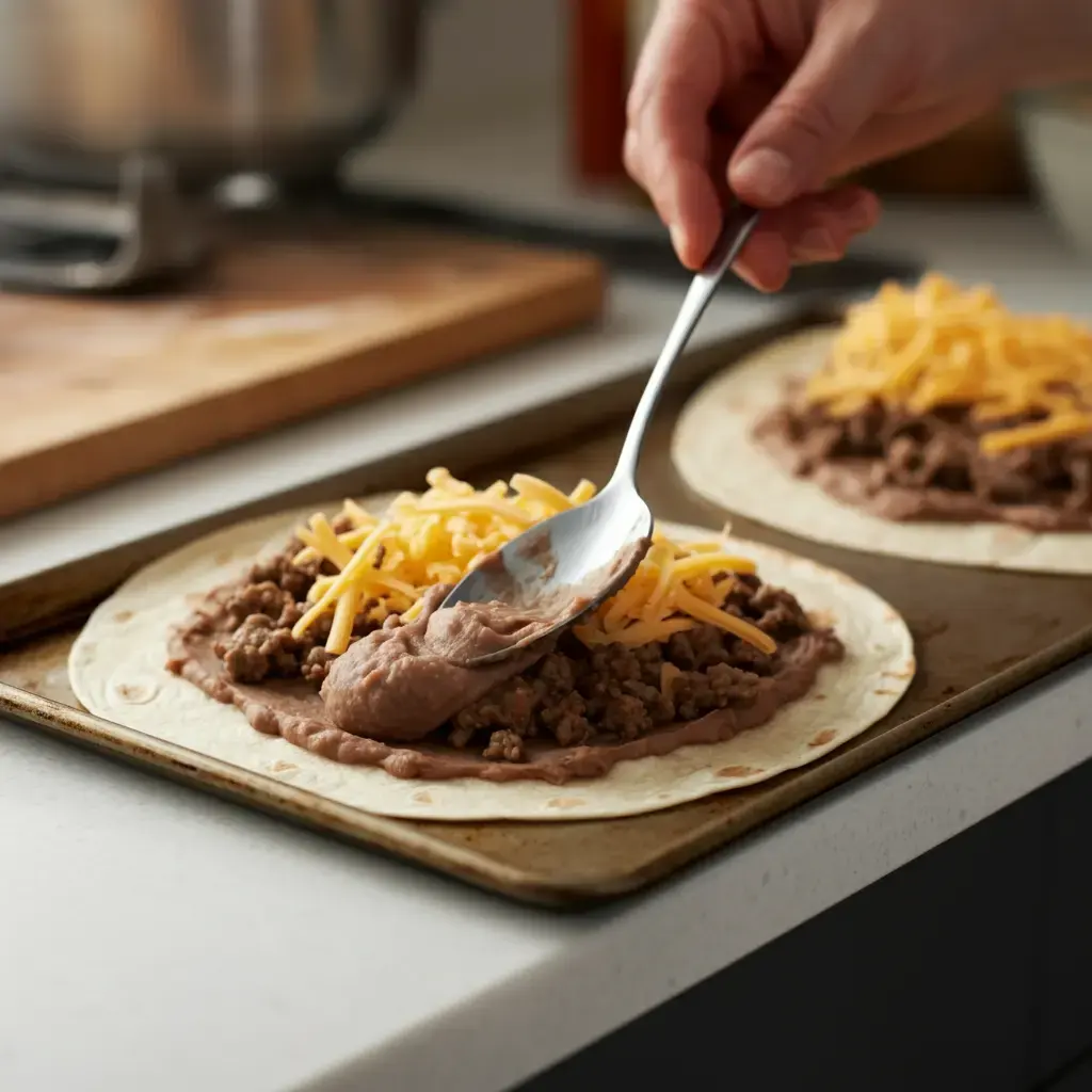 A hand spreading refried beans onto a tortilla with seasoned beef and shredded cheese, assembling a homemade Mexican pizza on a baking sheet.